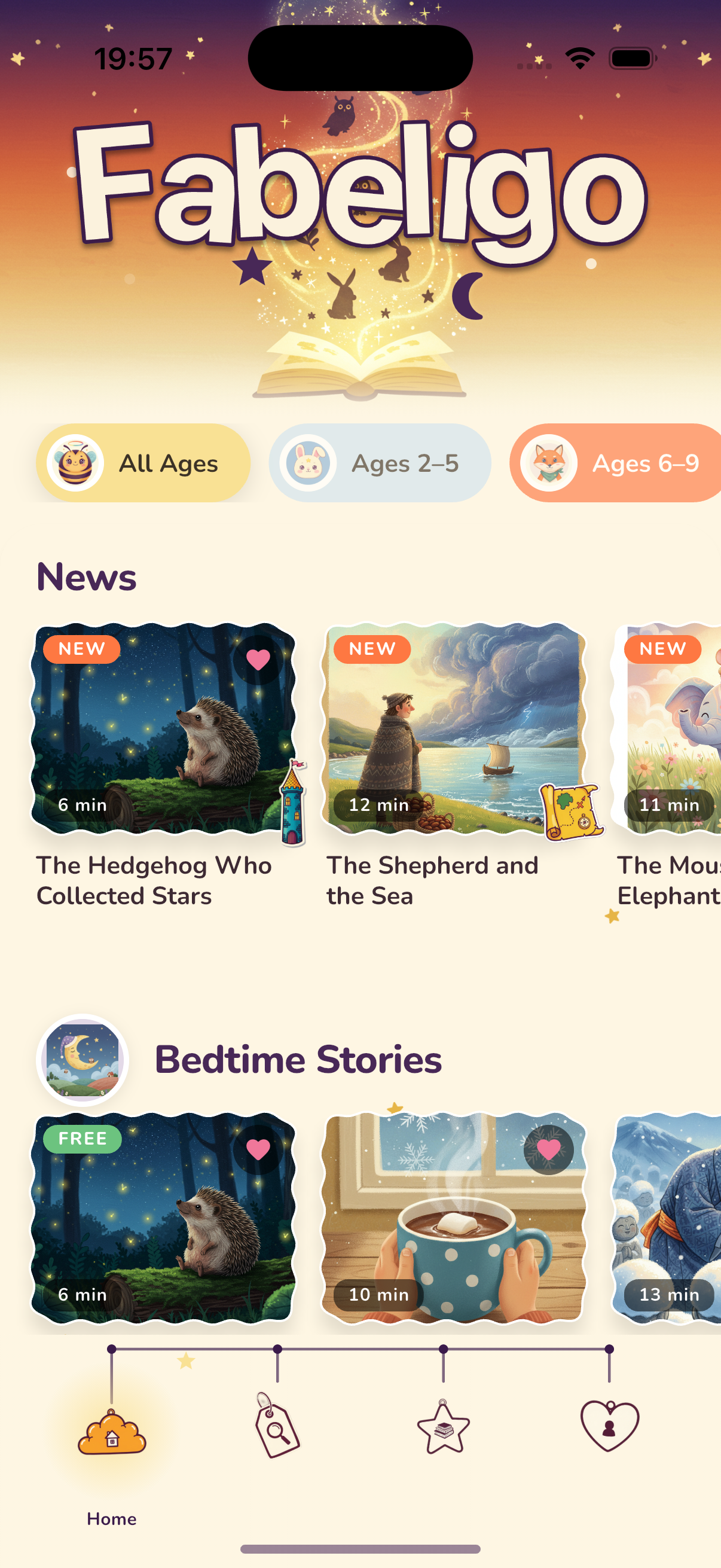 Fabeligo home screen showing the Fabeligo logo, age filters and story shelves