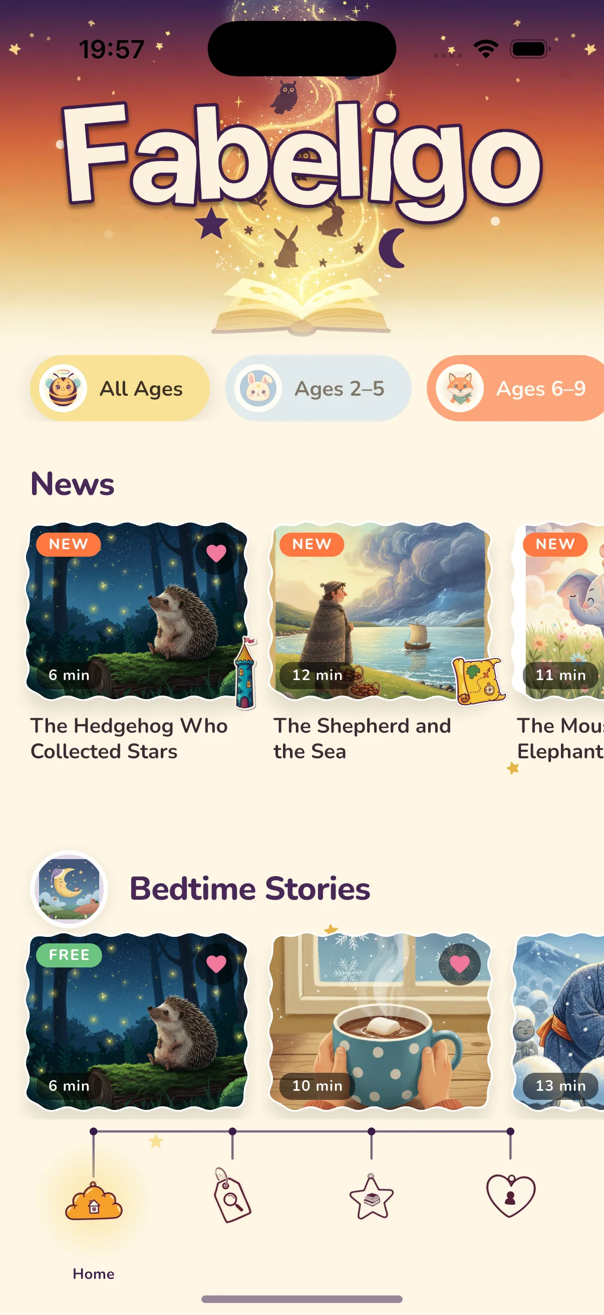 Fabeligo home screen showing the Fabeligo logo, age filters and story shelves