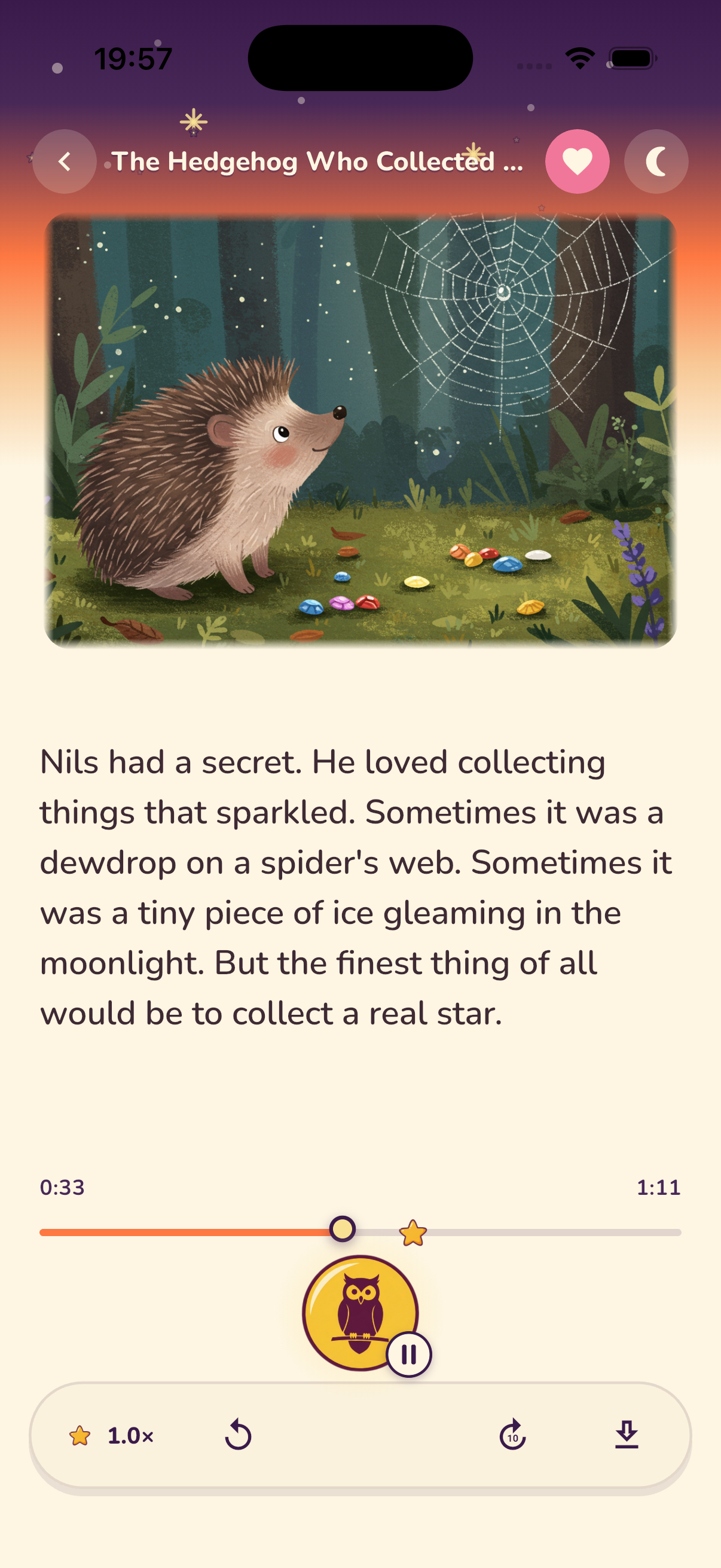 Fabeligo story player with synced text and an owl-shaped play button