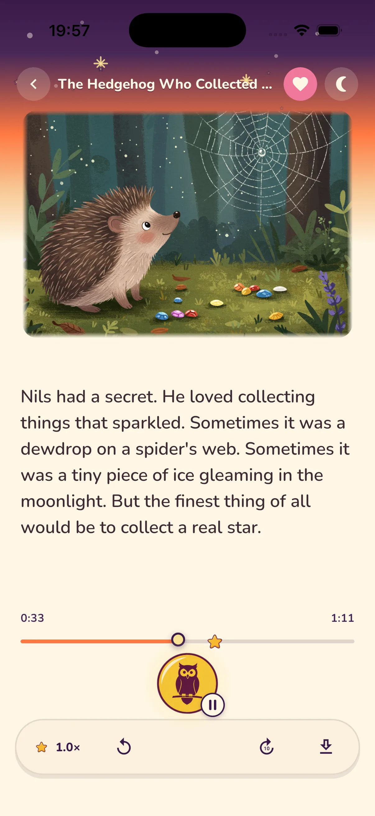 Fabeligo story player with synced text and an owl-shaped play button